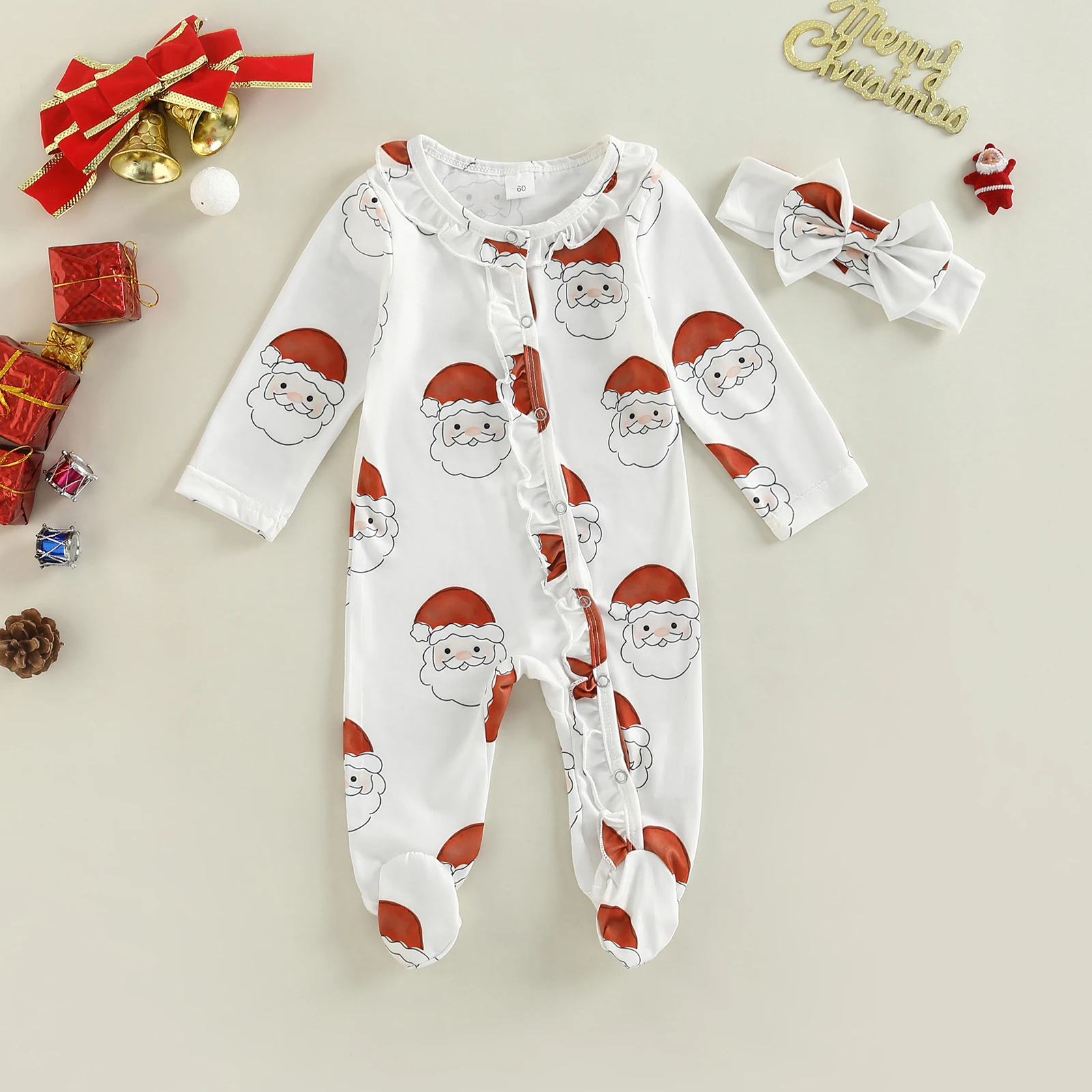 Citgeett Autumn Christmas Newborn Baby Girls Jumpsuits Outfit Printed Long Sleeves Footed Romper and Headband Set