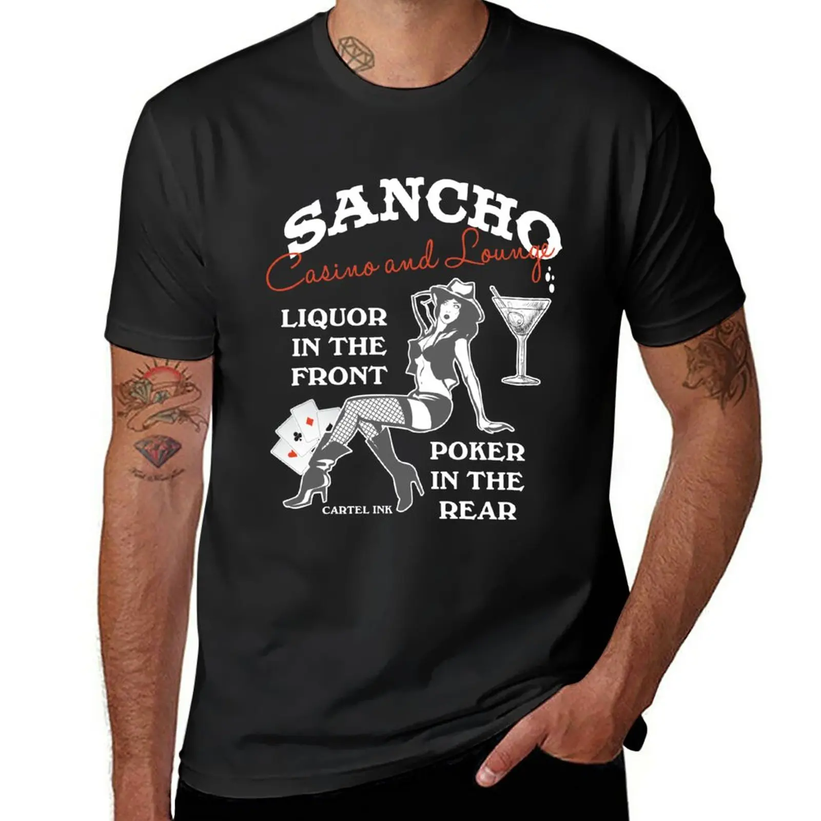 

New Sancho casino and lounge liquor in the front poker in the pear T-Shirt t-shirts man mens funny t shirts