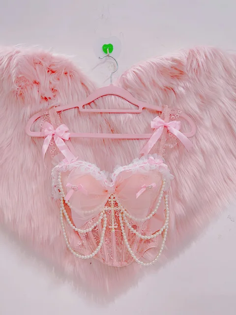 Pink Lace Faux Pearl Cropped Top 2