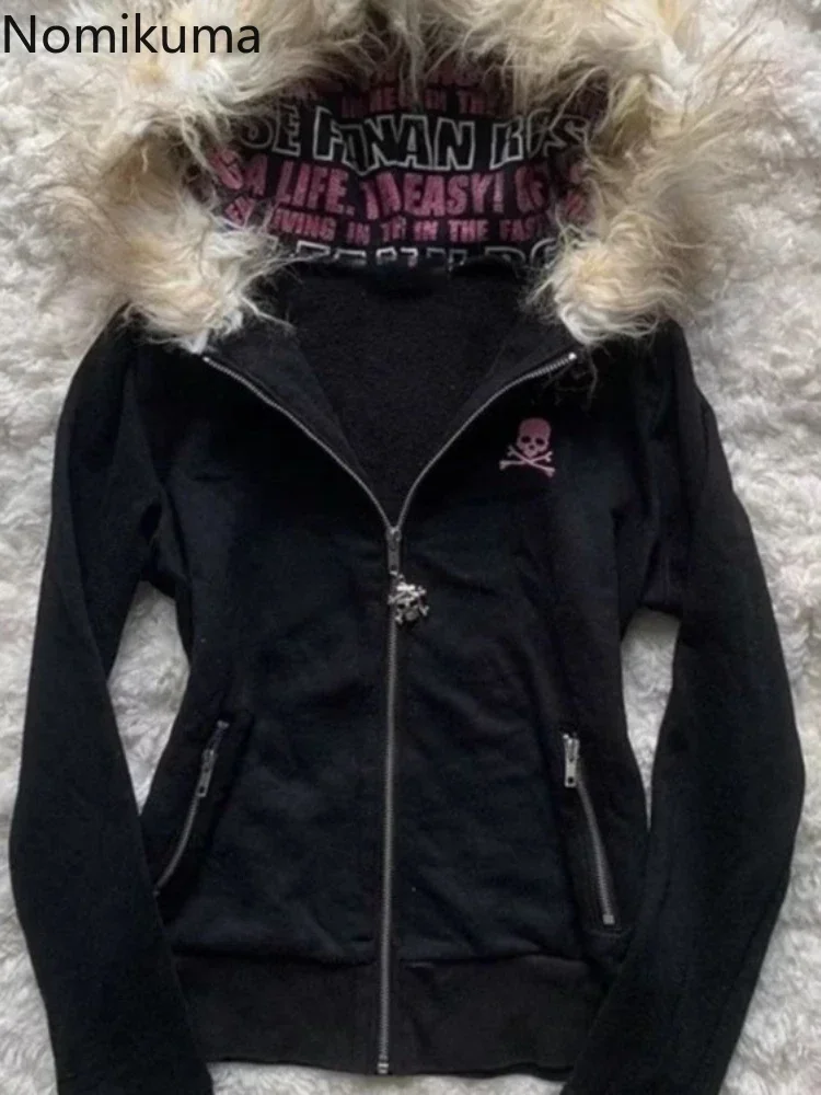 Black Goth Hoodie - Women's Letter Skull Embroidery Zipper Y2k Coat