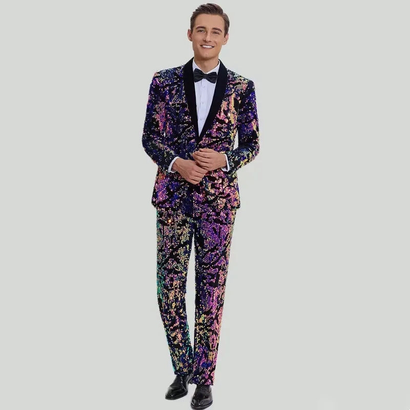 Terno Masculino De Lantejoulas, 2 Peças/azul/roxo, Palco, Palco