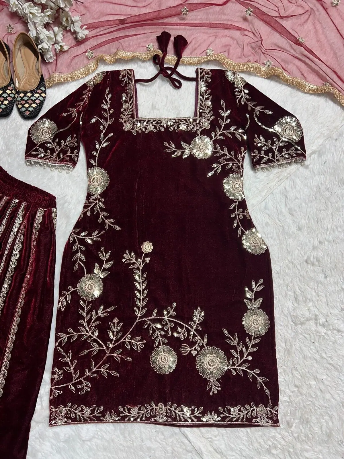 Velvet Salwar Kameez ReadyMade Pakistani Embroidery Dress Butterfly Net Dupatta
