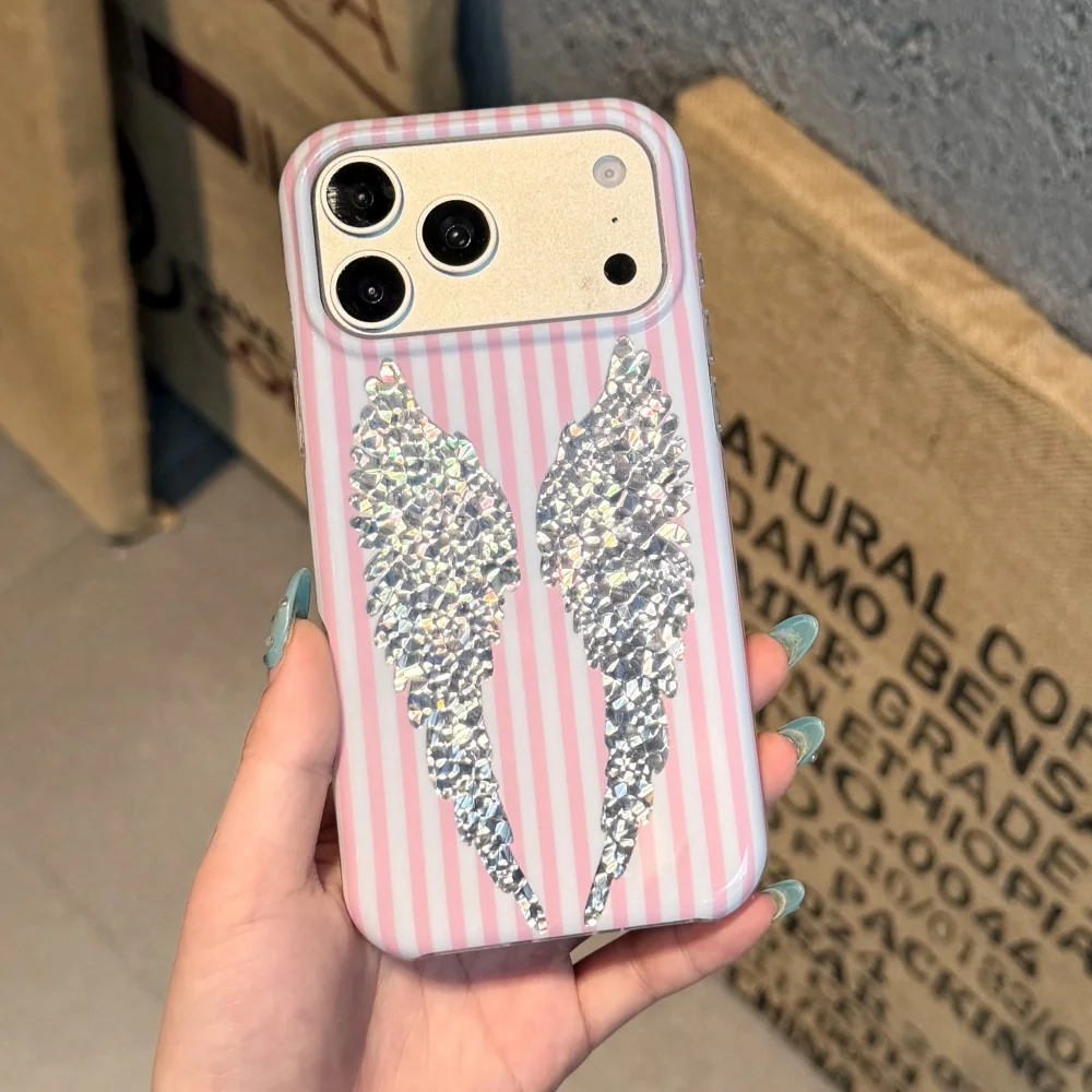 Luxury Pink White Thin Striped Phone Case with Glitter Rhinestone Angel Wing Design - Shockproof Back Cover