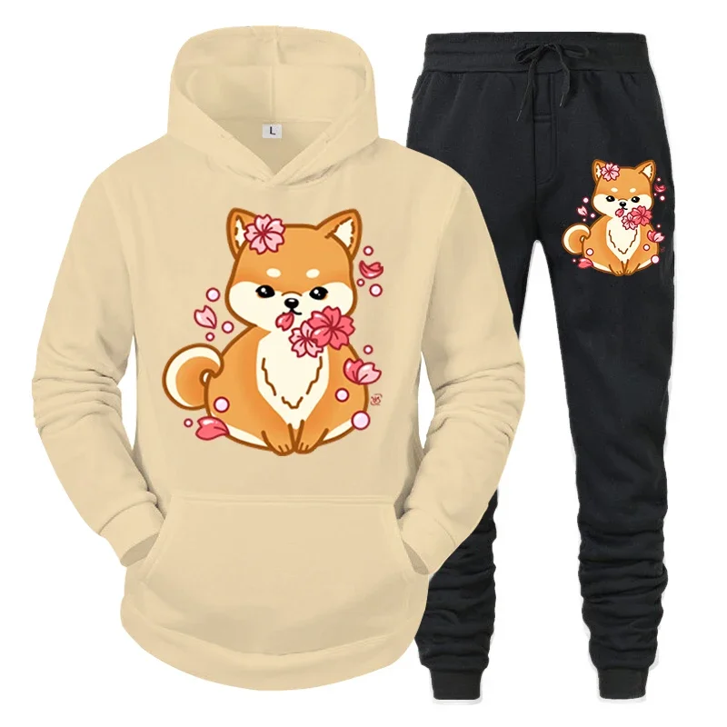 Conjunto de 2 piezas con estampado de anime Shiba Inu para hombre, sudadera con capucha y pantalones divertidos para amantes de los perros, ropa deportiva de moda de manga larga para otoño