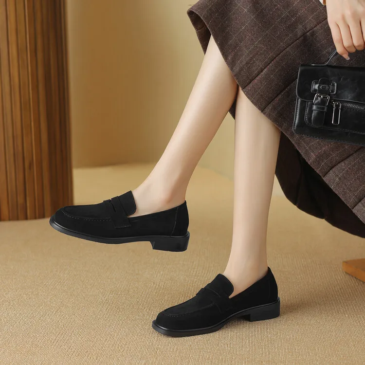 2026 Spring Sheep Suede Women Shoes Round Toe Chunky Heel Women Pumps Shoes for Women Deep Mouth Loafers Low Heels Ladies Shoes