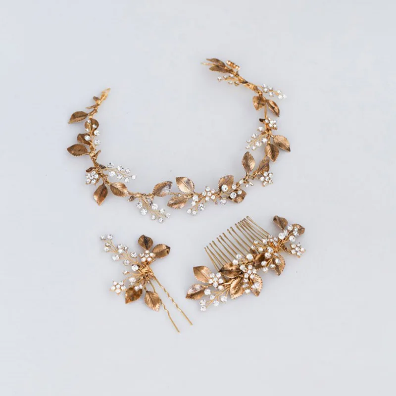 Bridal Hair Vine Wedding Headband Tiara Antique Gold Color Leaf Women Headpiece Handmade Accessories