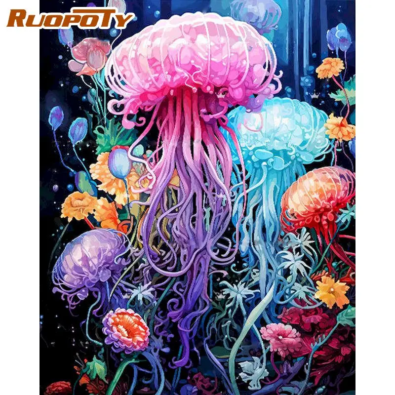 RUOPOTY Jellyfish Diy Painting By Numbers For Adults Kits Frame Modern Wall Art Picture With Numbers For Home Decors Diy Crafts