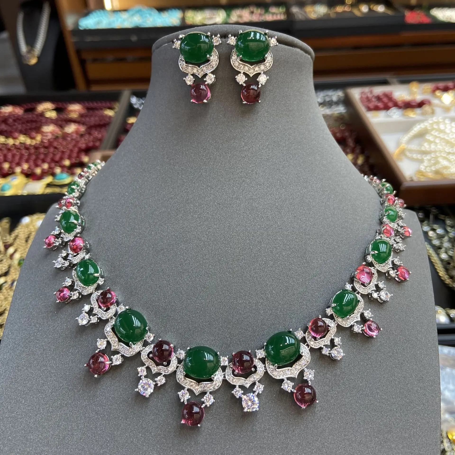Women Bridal Studded Diamond Zircon Necklace Earrings Set 2024 1