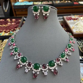 Women Bridal Studded Diamond Zircon Necklace Earrings Set 2024 1