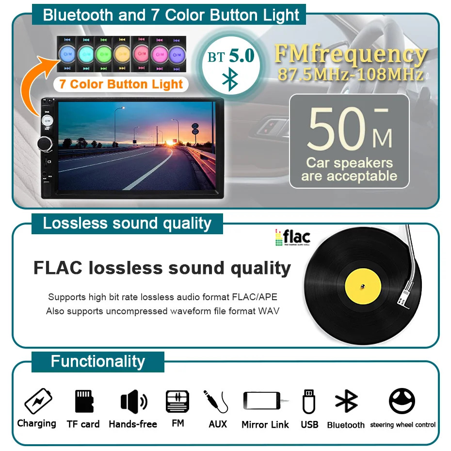 Radio de coche de 7 pulgadas, 1 Din, Carplay, Android, reproductor Multimedia para coche, pantalla táctil HD, FM, AUX, Bluetooth, MirrorLink, Autoradio Universal 3