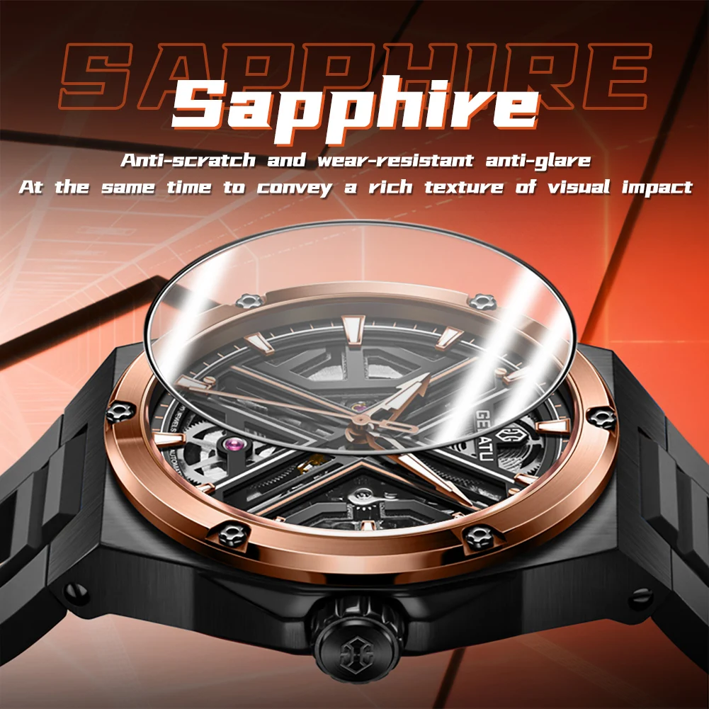 GELATU 6006 Automatic Watch For Men Original Deep Waterproof Man Mechanical Wristwatch Hollow Skeleton Sapphire Mirror Men Watch