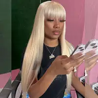 613 Honey Blonde Straight Human Hair Wig With Bangs Remy Hair Fringe Wigs For Women 180%Full Density Machine Made Wig With Bangs 1