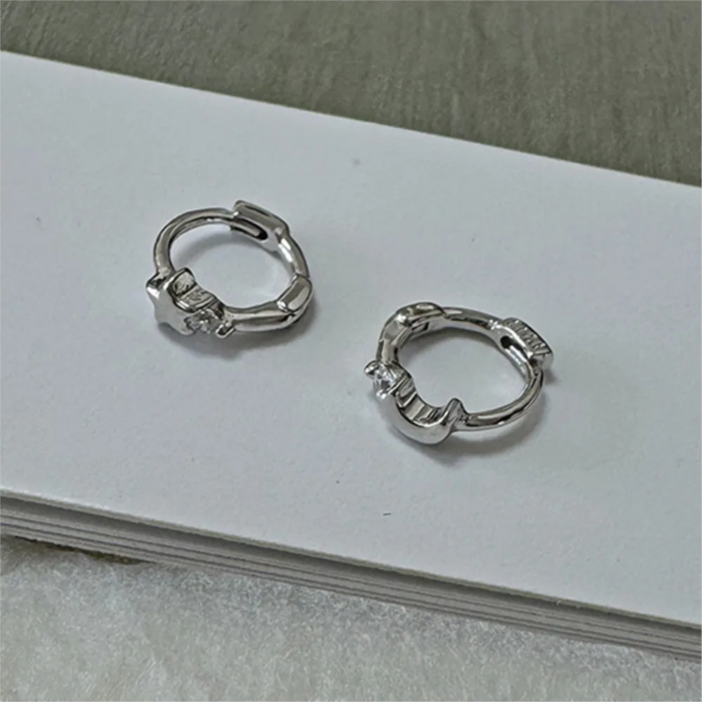 Korean Fashion Star Moon Hoop Earrings For Women Unique Asymmetric Zirconia Silver Color Ear Piercing Jewelry Gift Trend 2025 3