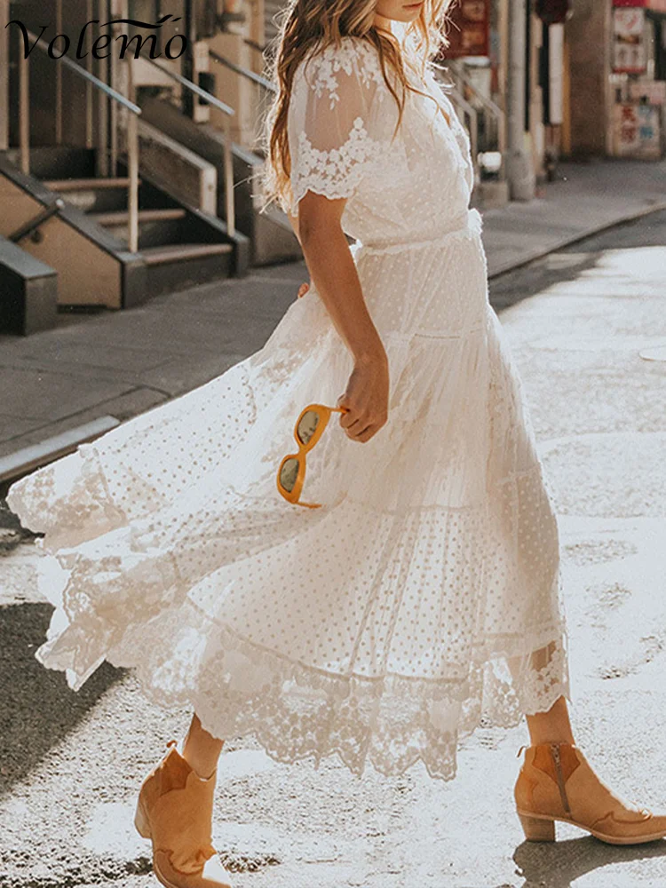 

Hollow Out White Dress Sexy Women Lace Long Dress Cross Semi-Sheer Plunge V-Neck Short Sleeve Lace Maxi Dress Vestido De Mujer