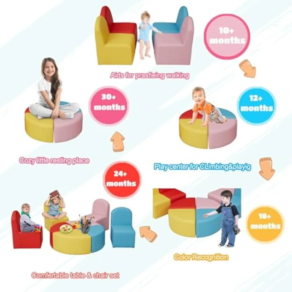 Kids Sofa Seating Set Convert to Table and 4 Chairs Colorful Stools for Toddlers Soft Foam Play 8 PCs Set for Classroom 2