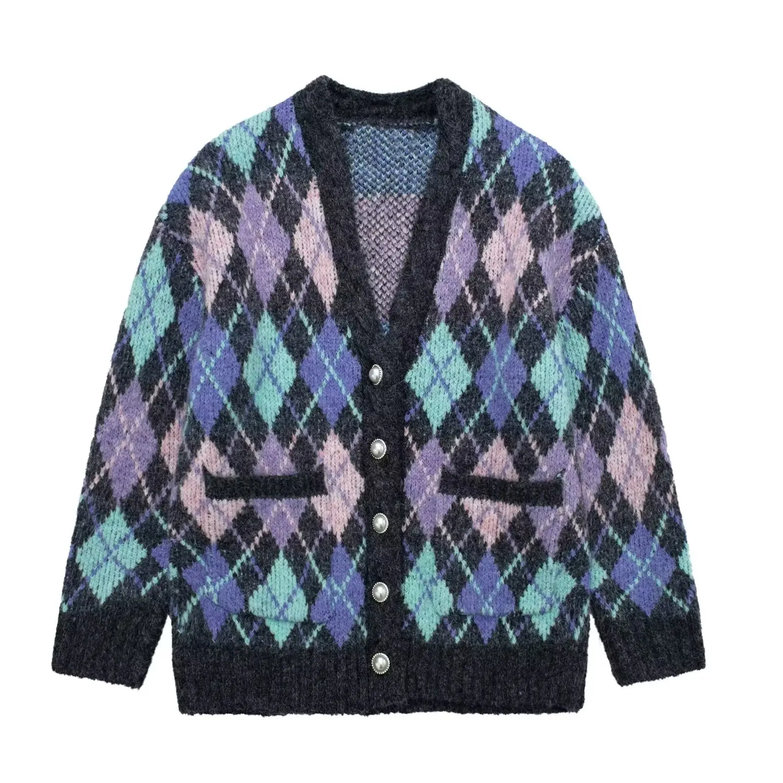 

Women New Fashion Jewelry button decoration Diamond stripe Loose Knitted Coat Vintage V Neck Button-up Female Outerwear Chic Top
