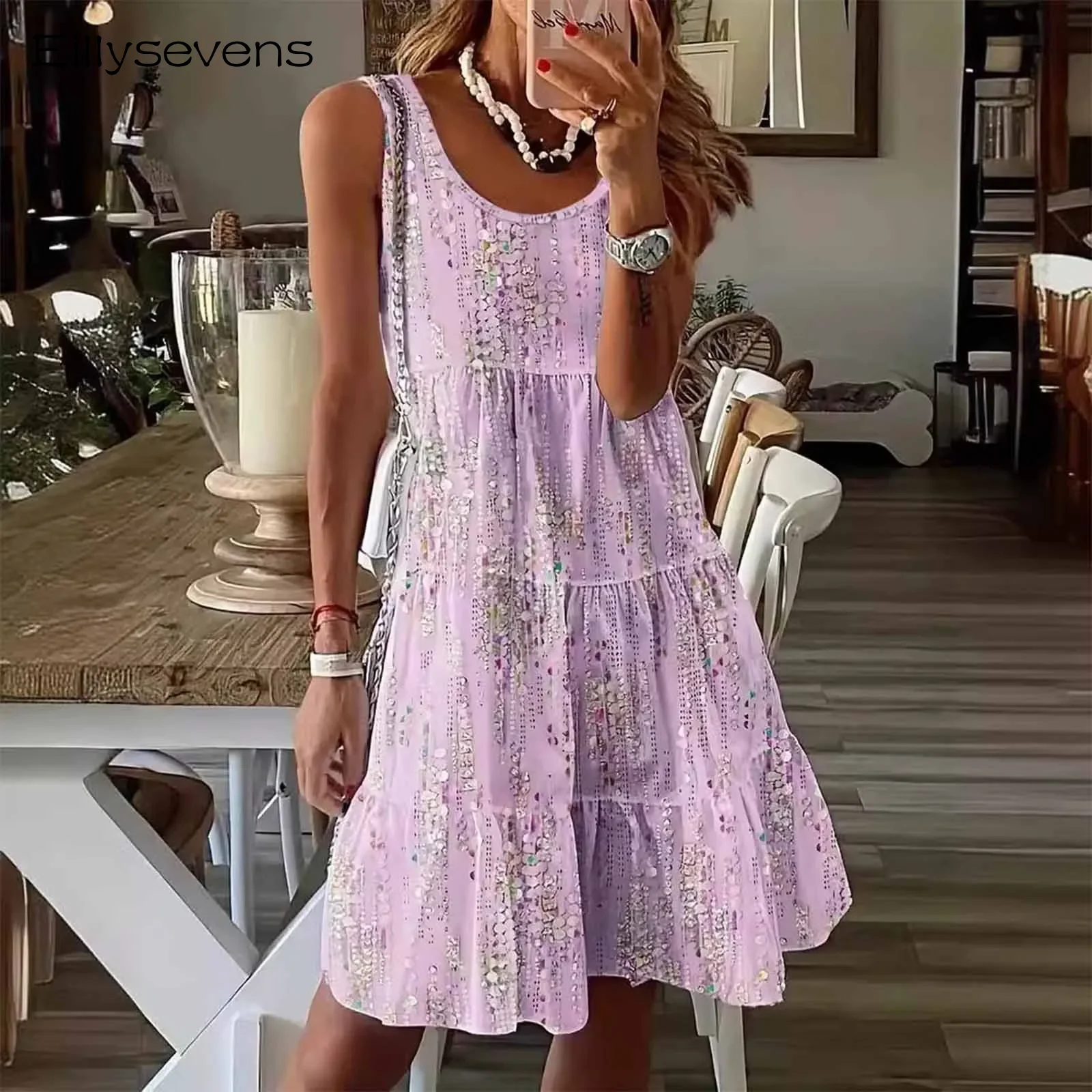 

Elegant Floral Print A Line Dress Summer Bohemian V Neck Ruffles Dress Women Casual Party Beach Mini Sundress Oversized