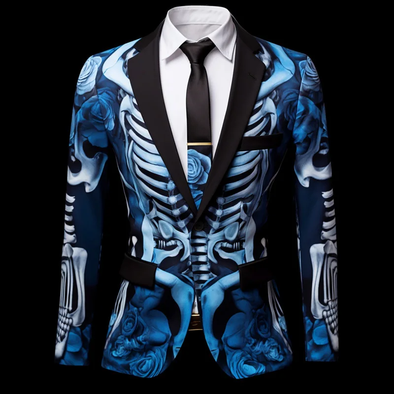 Men's digital printing Skeleton terror suit Cosplay party stage clothes nightclub performance coat Blazers Jacket