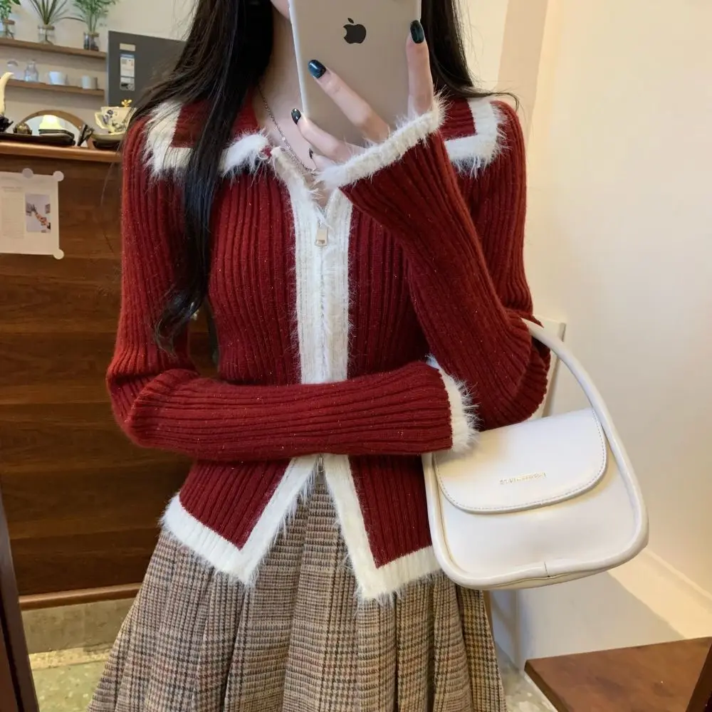 Color Blocking Patchwork Woolen Gestrickte Basis Pullover für Frauen Retro Stil Revers Slim Fit Pullover Jacke Kurze Strickjacke Top – Detail 8