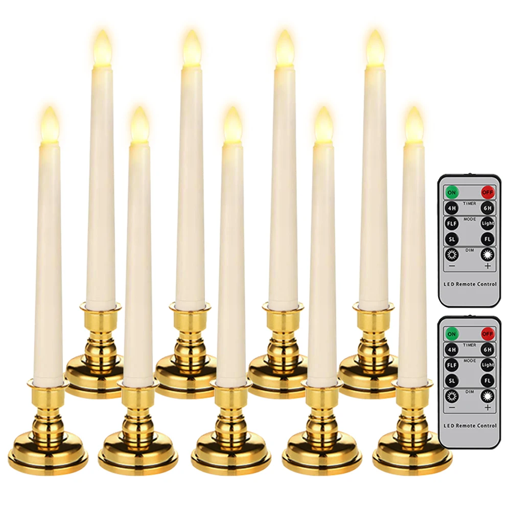 

9 PCS LED Taper Candles Wedding Home Decoration Candle 3D Flashing Flames Timer Remote With Candlestick Flameless Window Candle
