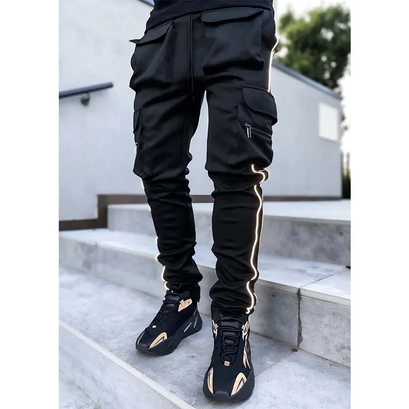 Spring And Autumn Cargo Pants Men's Fashion Brand Elastic Multi-bag Reflective Straight Leg Sports Fitness Casual Pants