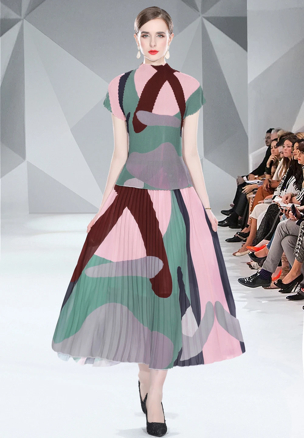 Knitted Pleated Dresses Set Fashion Printed Chiffon Small T Slim