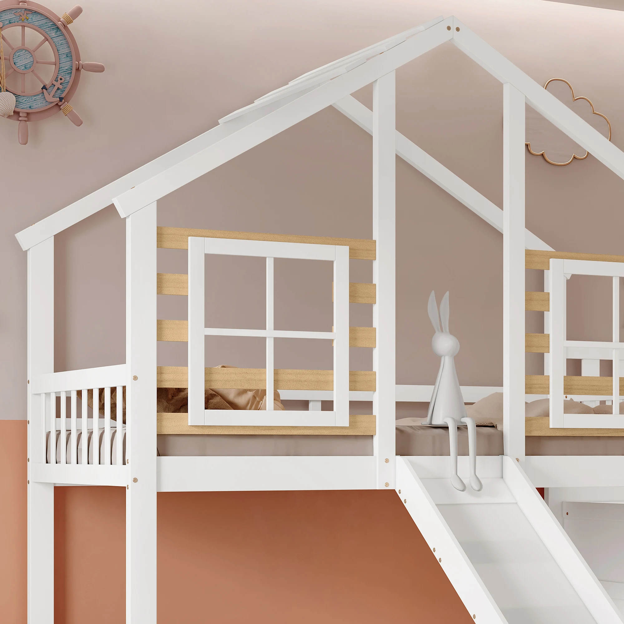 PINGGO Weißes Holz-Etagenbett 90x200cm mit Treppe, Rutsche, Fenster, Blockhaus-Design, Absturzsicherung, Massivholzrahmen, ohne Matratze – Detail 4