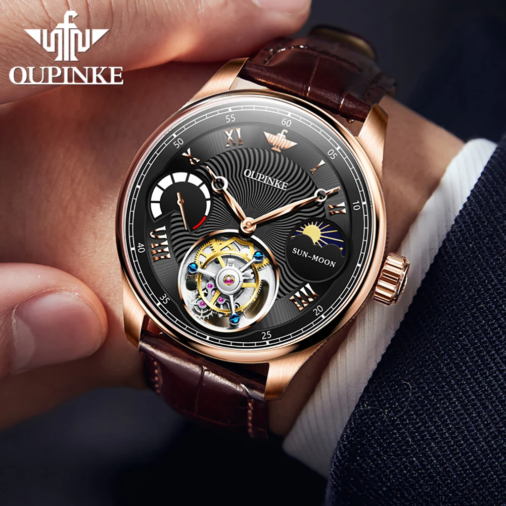 OUPINKE 8001 Watch For Men 50M Waterproof Moon Phase Man Watch Sapphire Mirror Hollowed Tourbillon Mechanical Male Wristwatches