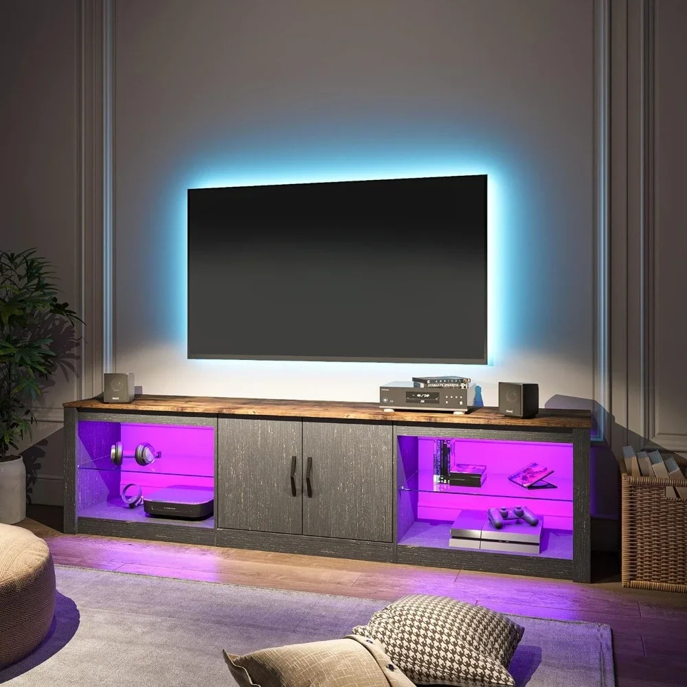 

70 inch Led TV stand with adjustable glass shelves, two cabinets for living room, modern TV console