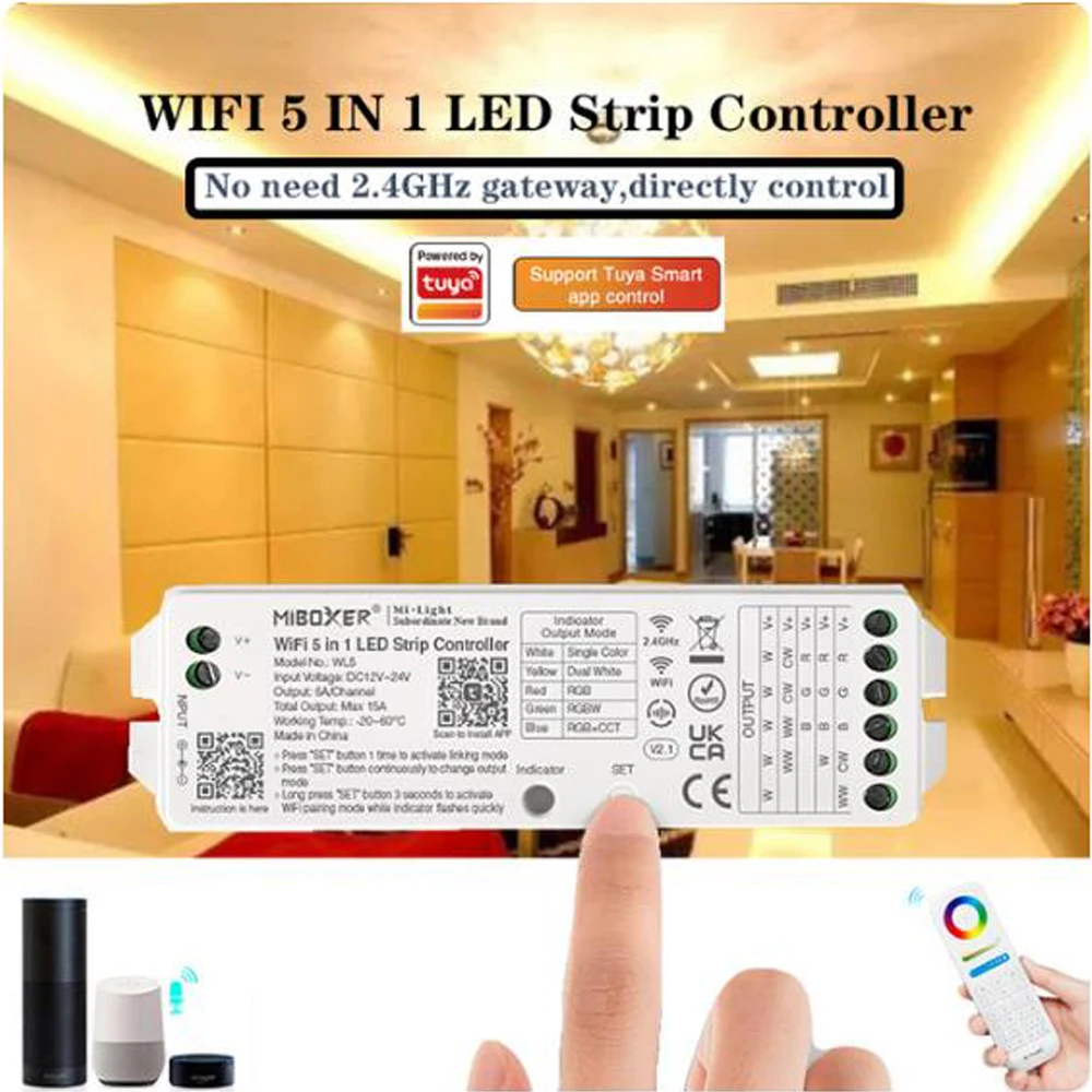 Miboxer WL5 Single color/Dual white/RGB/RGBW/RGB+CCT Wifi 5 in 1 LED Strip tape Controller 12V 24V Tuya App,2.4G Remote control