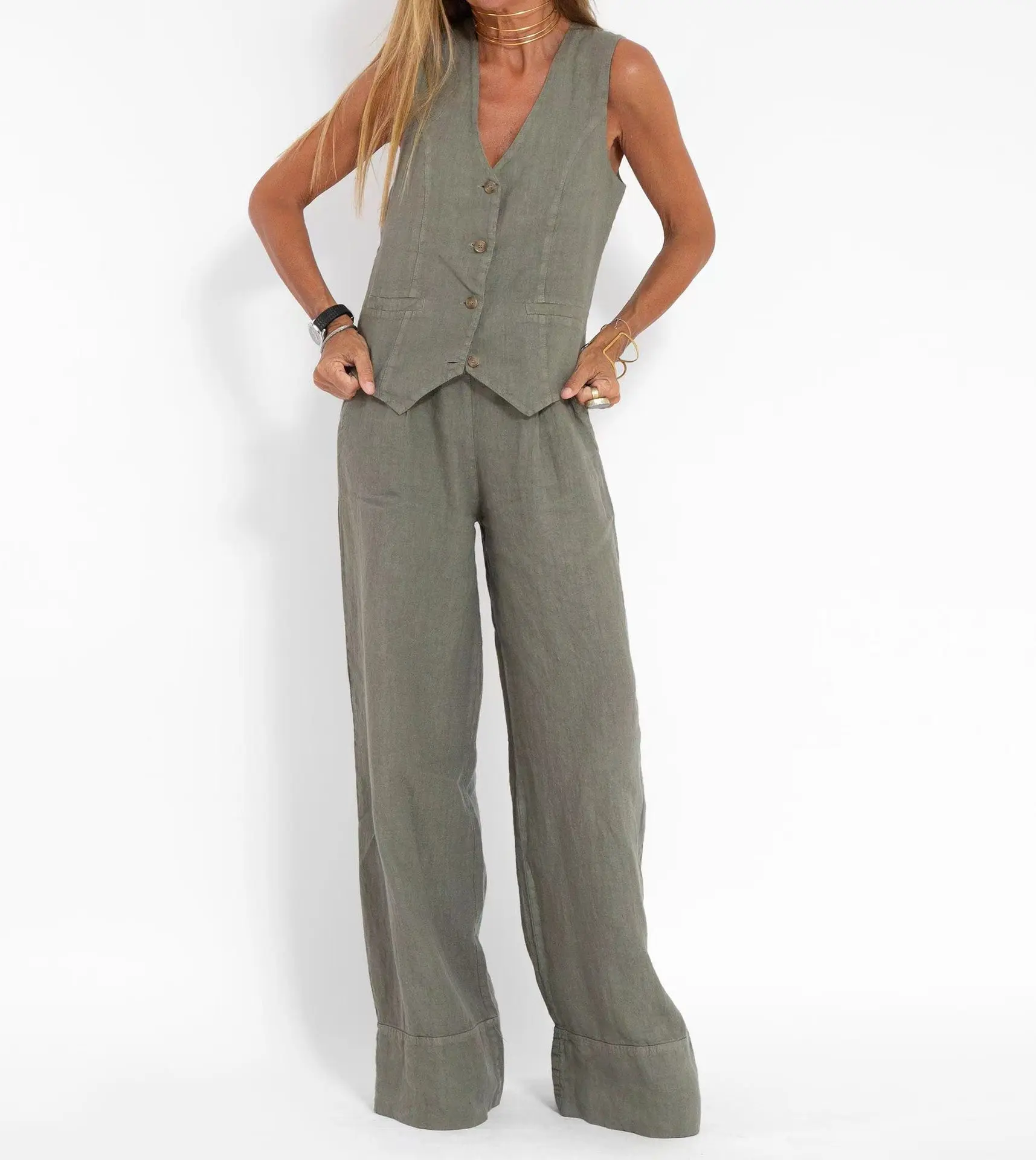 thumbnail image 1 of Moda Casual chaleco liso pantalones traje para mujer nuevo verano cuello pico botón Top bolsillo cintura elástica pantalones trajes traje de dos piezas, 1 of 5