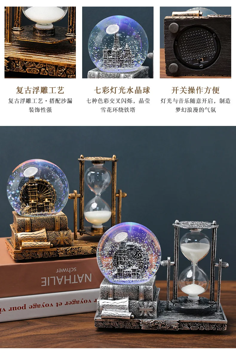 Vintage Iron Tower Hourglass Timer Crystal Ball Music Box Luminous Desktop Decoration Student Graduation Christmas Gift