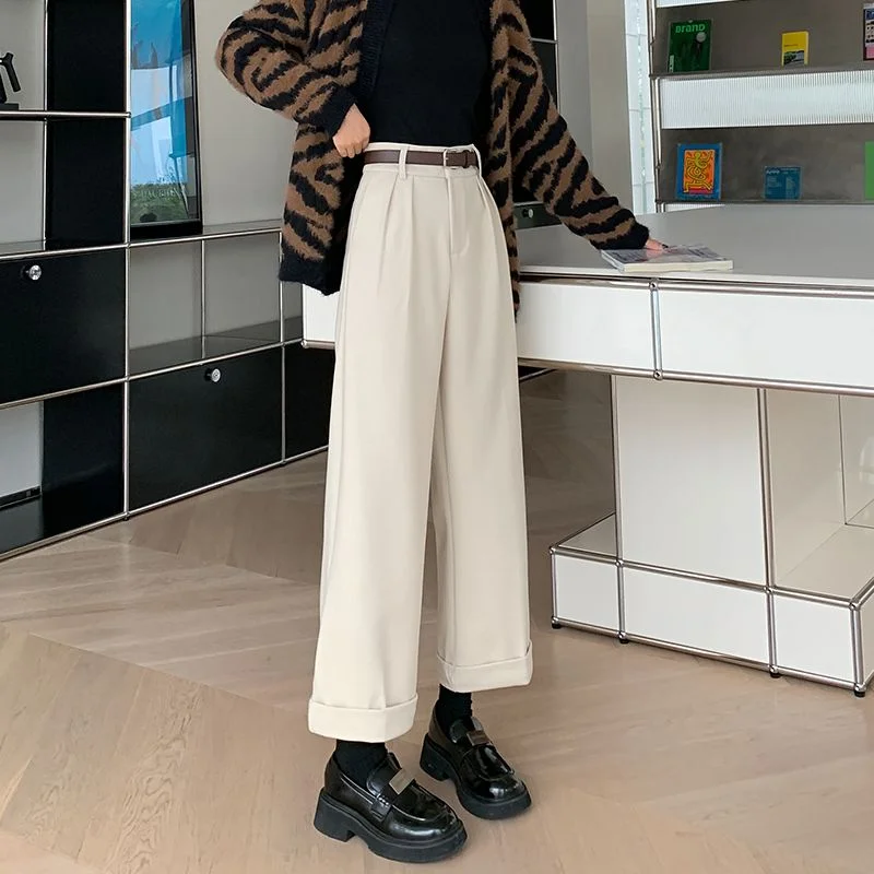 Pantaloni da abito a nove punti larghi dritti spessi a vita alta autunno inverno a gamba larga in lana 4
