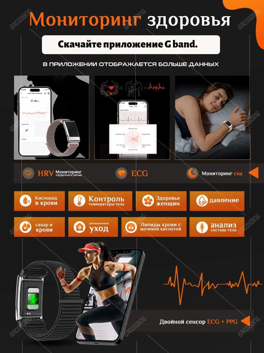 2026년형 새로운 스크린리스 피트니스 팔찌 ECG HRV 혈당 혈압 모니터 (2개 스트랩 포함)