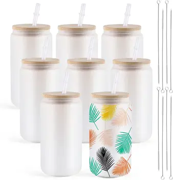 Htvaton confezione da 8 bicchieri per sublimazione in vetro smerigliato/trasparente da 16 once con coperchio in bambù bicchiere sublimato spazi vuoti fai da te per tazze da caffè ghiacciate 1