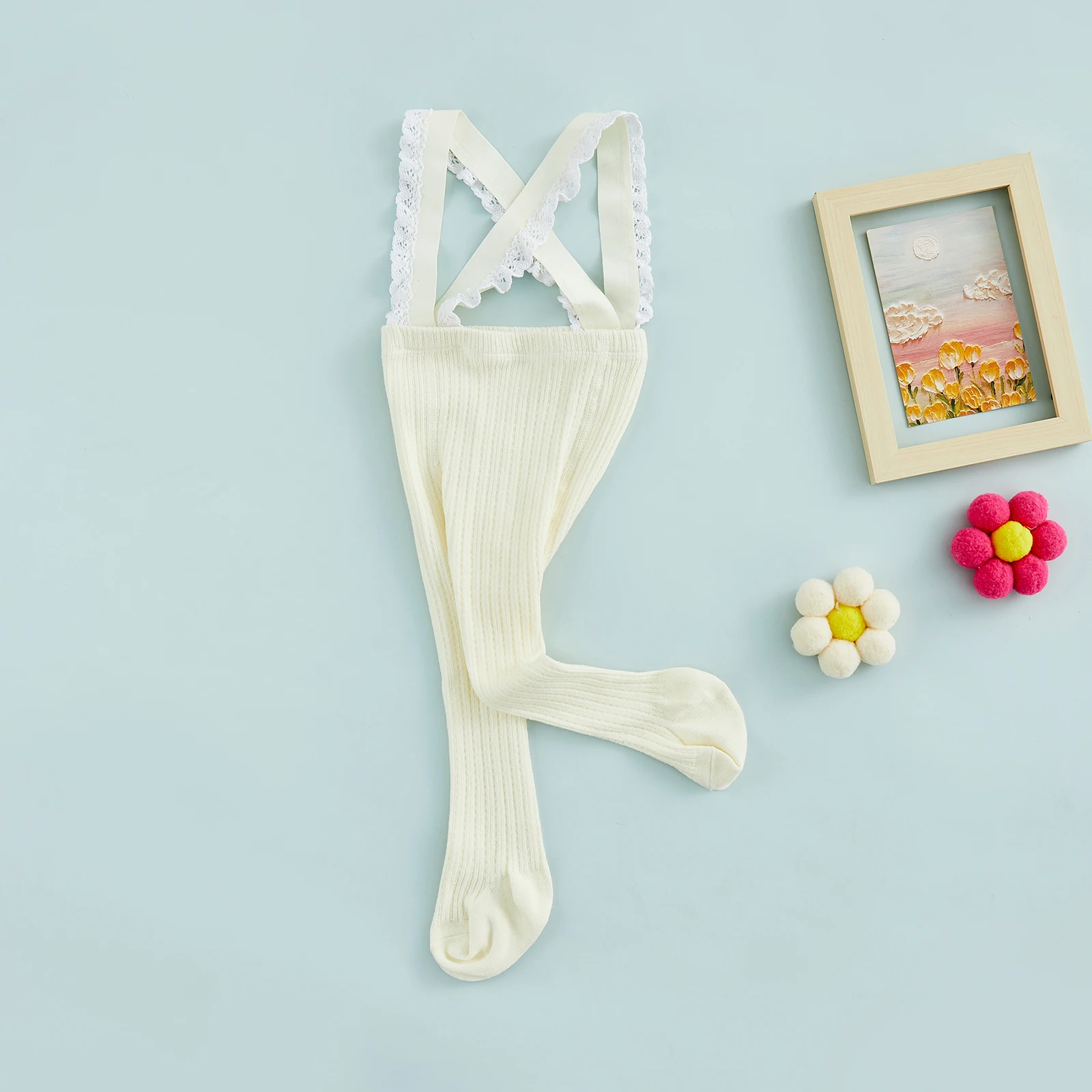Infant Baby Girls Suspender Pantyhose High Waist Lace Plain Rib Knitted Footed Leggings Tights 0-1Years For Knit Tights Girls Pantyhose Suspender Leggings