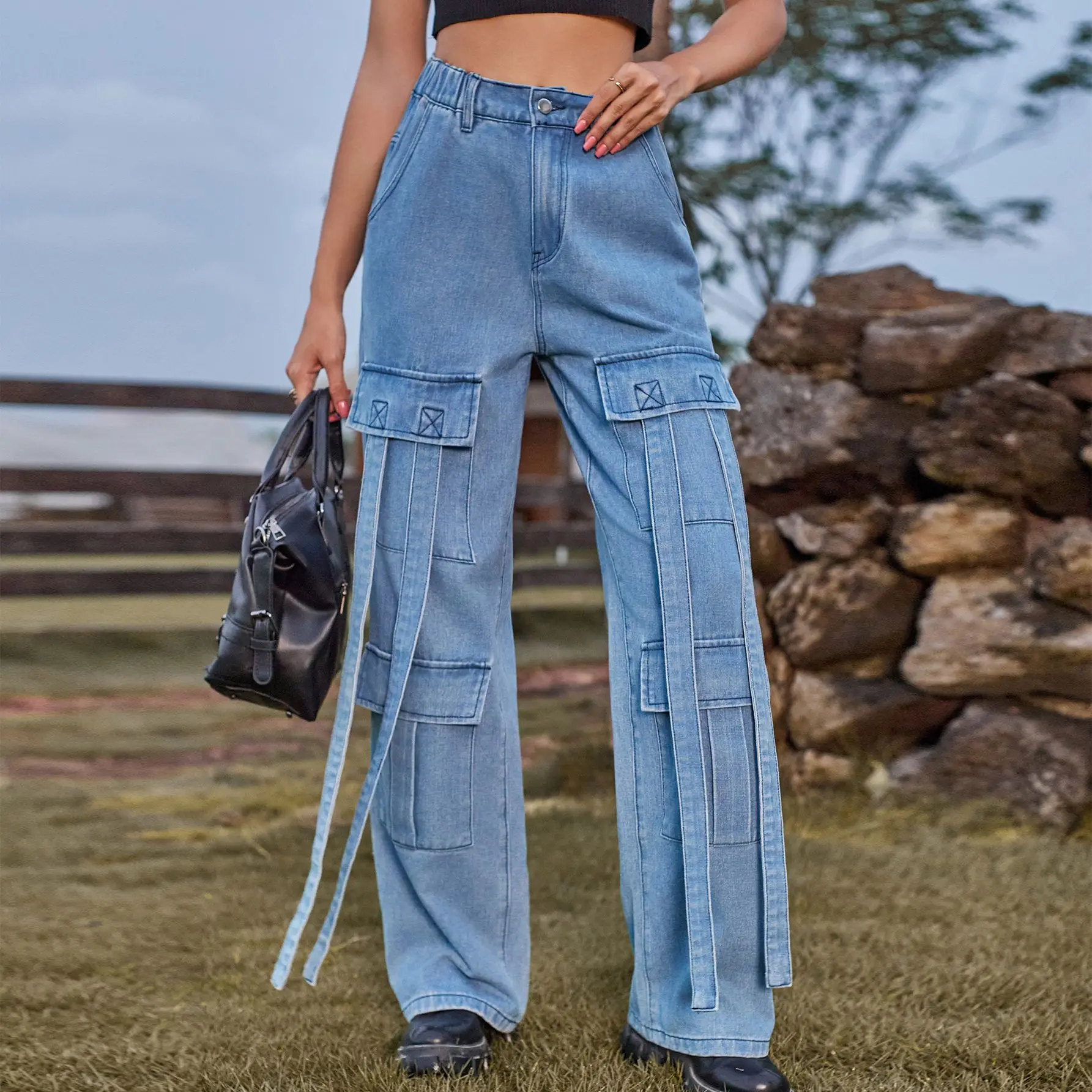 

Women's new style washed retro personality heavy industry streamer design denim cargo casual pants