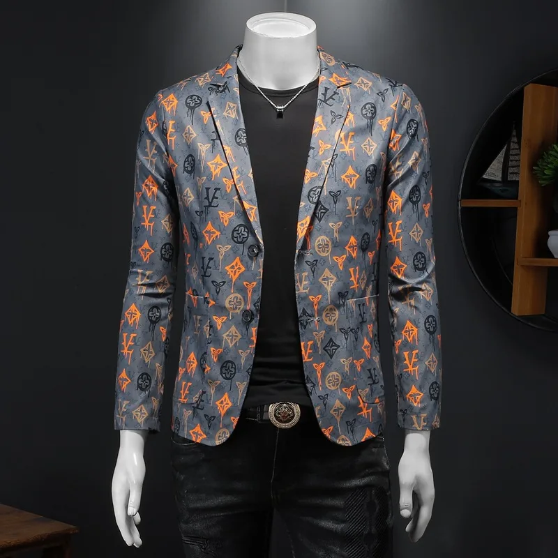 

New 2024 Spring/ Autumn New Printed Blazers for Men's Korean Edition Slim Fit Two Button Business Casual Coat Hid-end Jacket