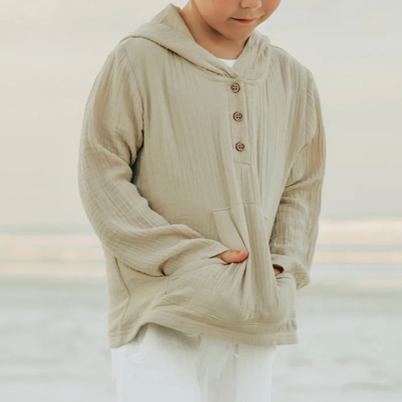 Cotton Double-Layer Gauze Thin Hoodies Casual Children's Spring New Loose Pockets Half Open Buttons Long-Sleeved Shirts