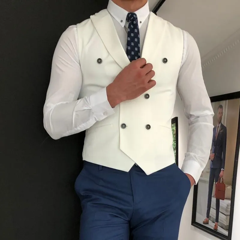 

White Slim Fit Men Vest with Double Breasted Custom Male Suit Vests Peaked Lapel Wedding Groomsmen Waistcoat