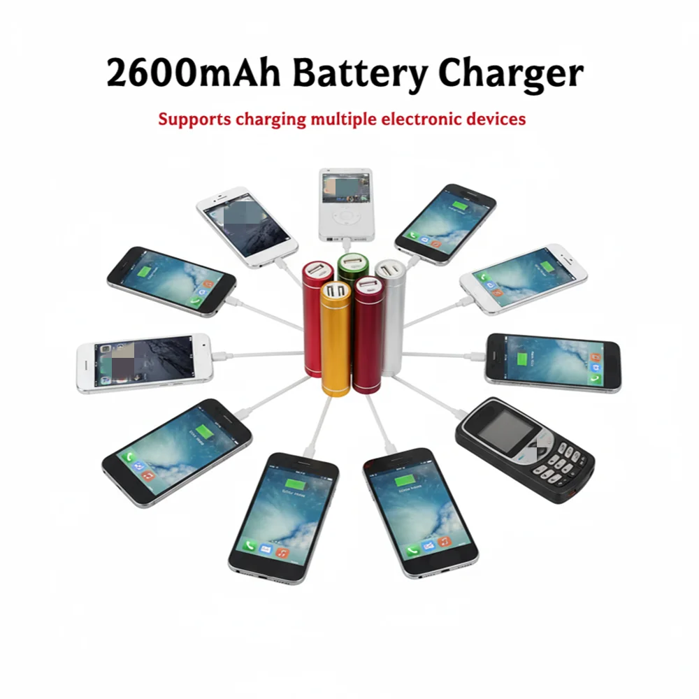 Power Bank portatile cilindrico in lega di alluminio, batteria di alimentazione mobile con cavo USB, caricabatterie da 2600mAh per cellulari. - Image 2