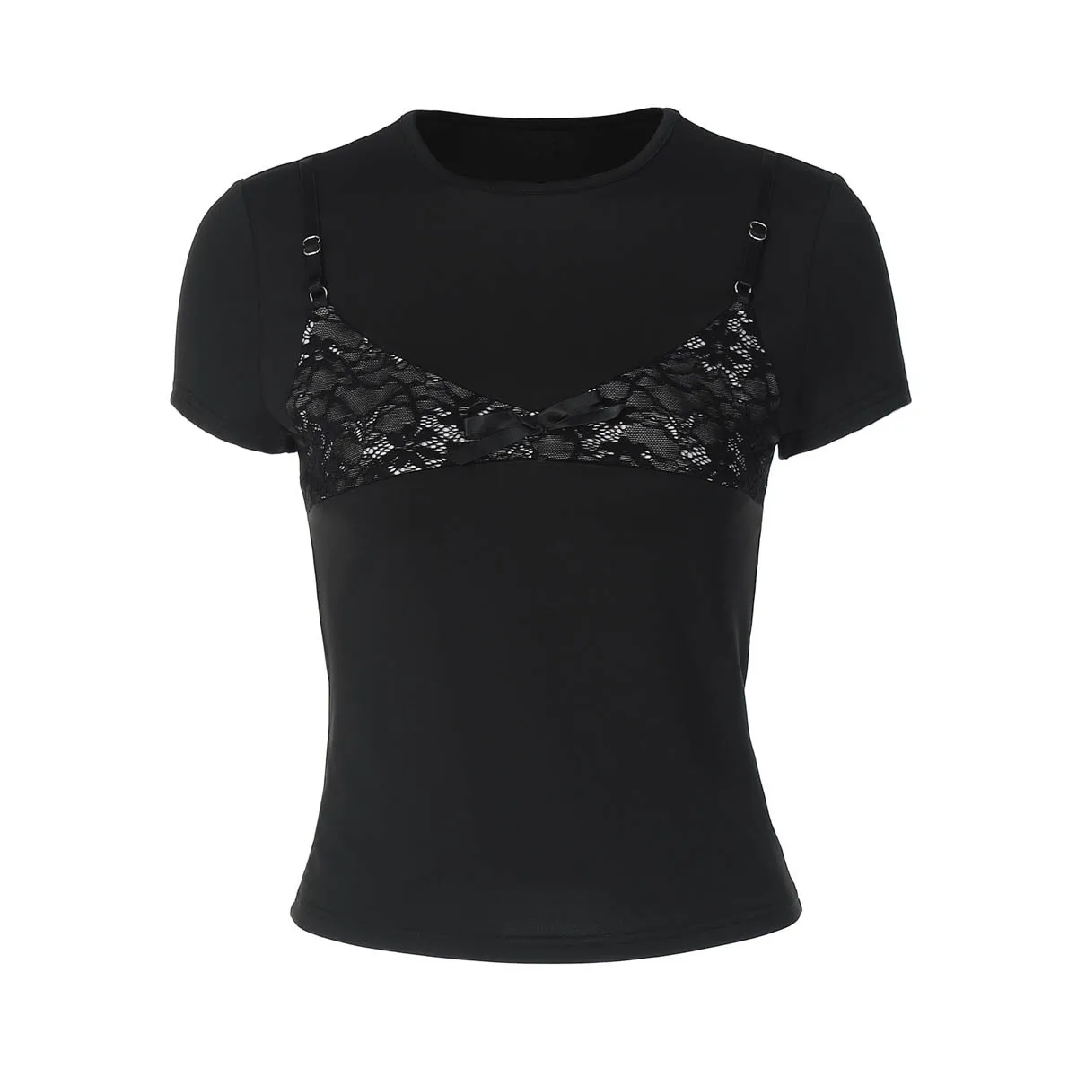 Summer New 2026 Women's Black Fake Two-piece Splicing Crew Neck Short T-shirt Fashion Street Style Sexy Casual Short Sleeved Top