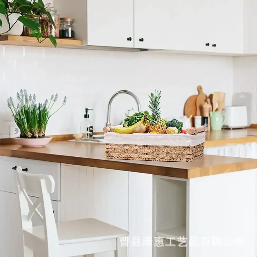 1pc Bathroom and Kitchen Storage Basket - Small Wicker Organizer for Countertops - Round Paper Rope 4