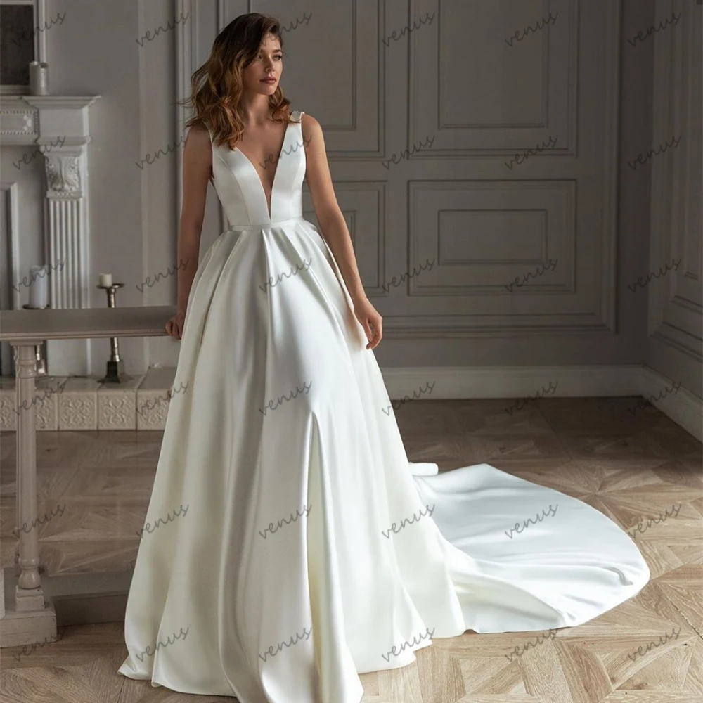 Graceful Wedding Dresses A-Line Satin Bridal Gowns Sexy Sleeveless Backless Robes For Formal Party Vestido De Novia Customized 3