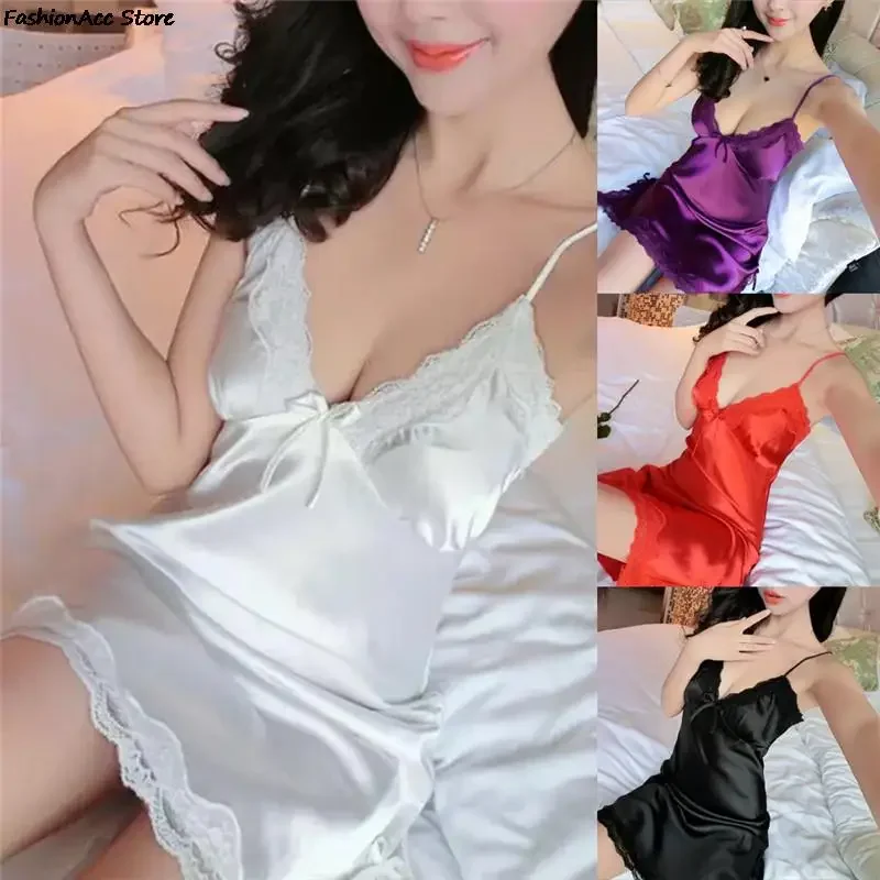 Ladies Silk Sling Nightdress Women's 2025 Summer Sexy Lingerie Satin Nightgowns Sleepshirts Lace Cup V-neck Nightwear Homewear - Image 2