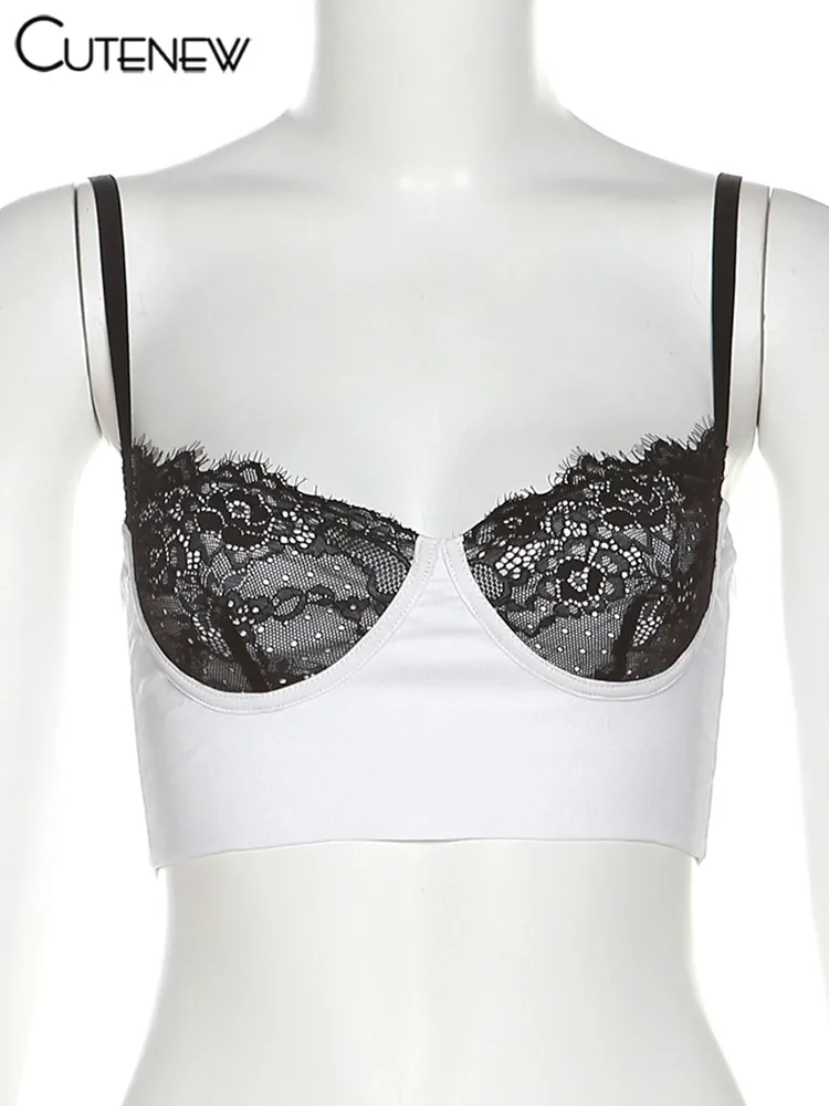 Y2K - Camiseta sin mangas con tirantes y retazos para mujer, camisola sexy de verano, sin mangas, ajustada, de encaje blanco, informal, ropa de calle