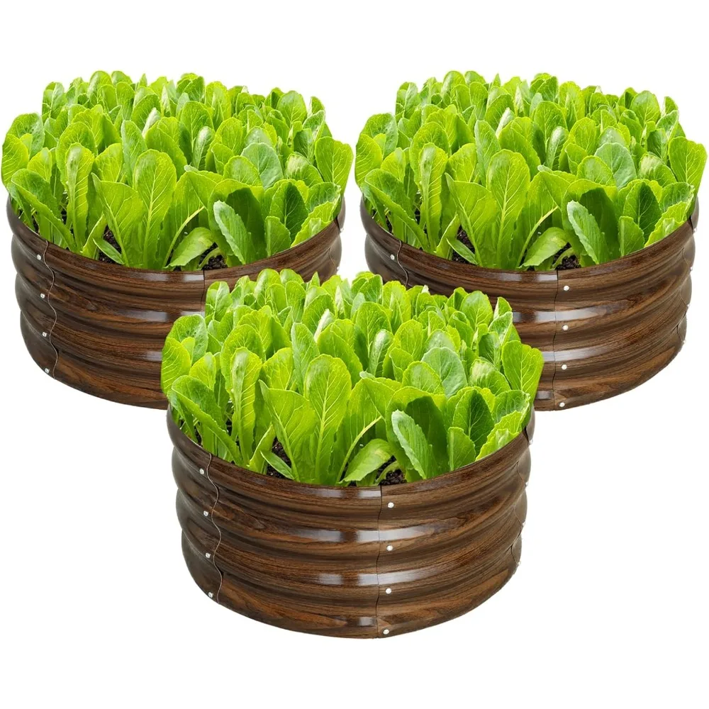 

3 Pcs 2x2x1ft Round Galvanized Raised Garden Bed Kit Outdoor, Metal Planter Box for Planting Plants Vegetables, Brown