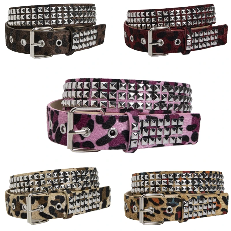 Punk Pink Leopard Print Studded Fur Belt with Pin Buckle