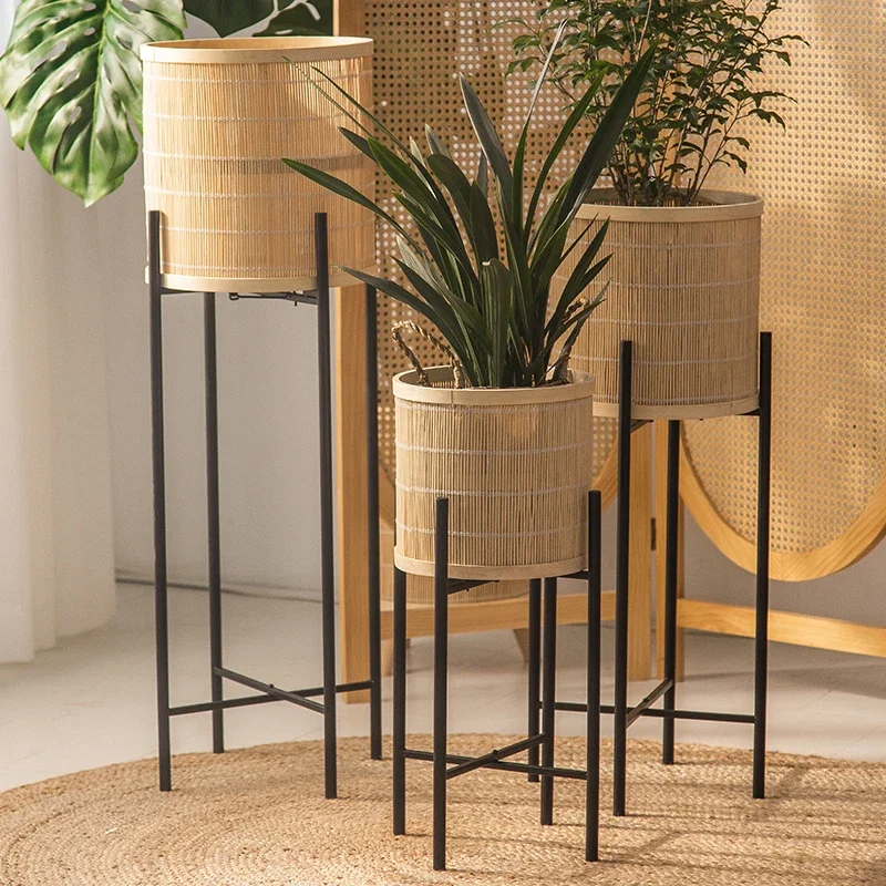 Anti-rust Bamboo Flower Stand for Bedroom Chinese Short-legged Plant Stand Nordic Simple Floor-standing Plant Shelves for B&B