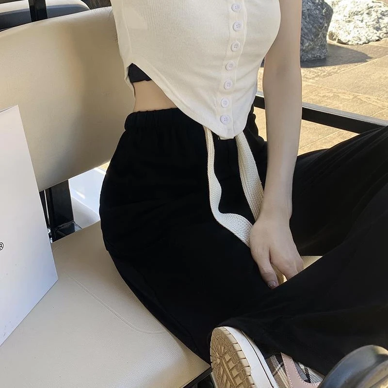 2023 Spring Autumn New Female Students Trend High Waist Leisure Loose Slim Sports Draw Rope Simple Wide Leg Trousers Long Pants